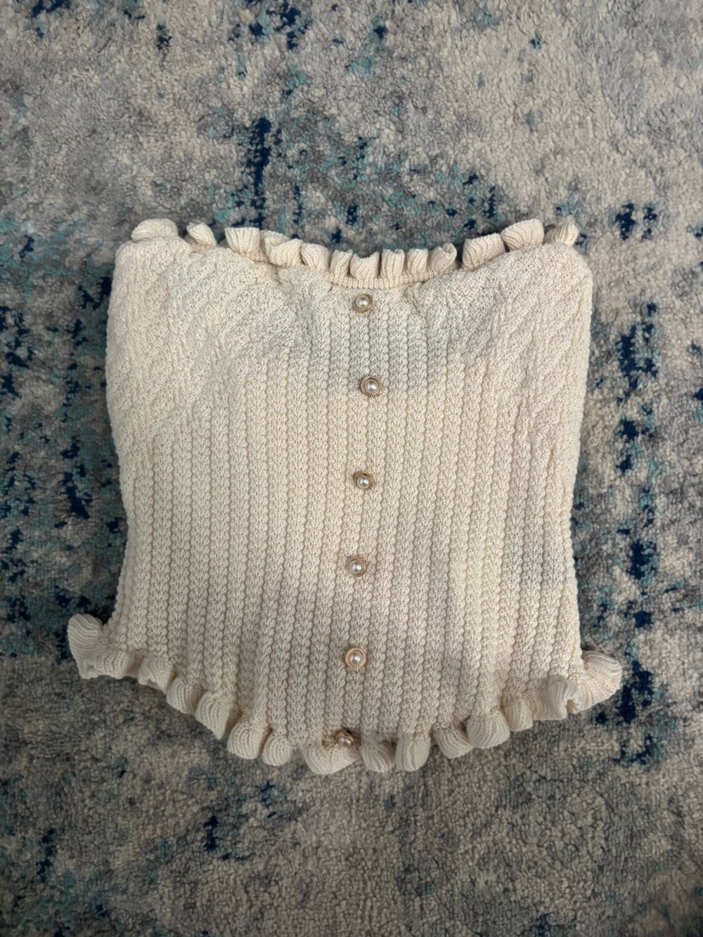 SHEIN Cream Knit Strapless Ruffle Button Tube Top